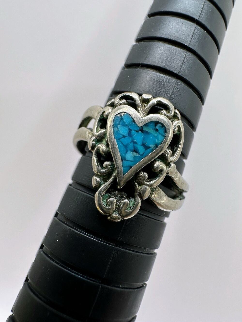 Ege 89 Vtg Pewter Crushed Turquoise Ring 6.75 Heart Love Slave 80s 90s Native
